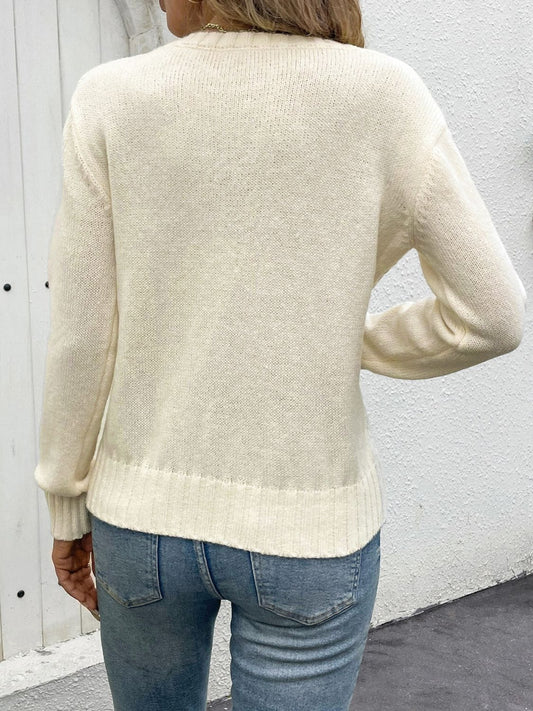 Openwork Round Neck Long Sleeve Sweater - Trendsi