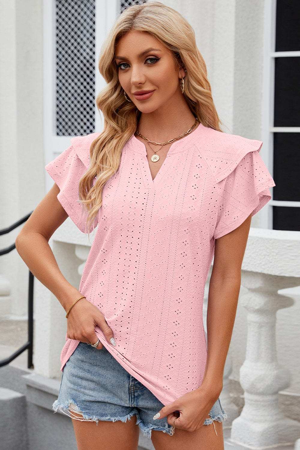 Eyelet Notched Flutter Sleeve T-Shirt - Trendsi - Flyclothing LLC