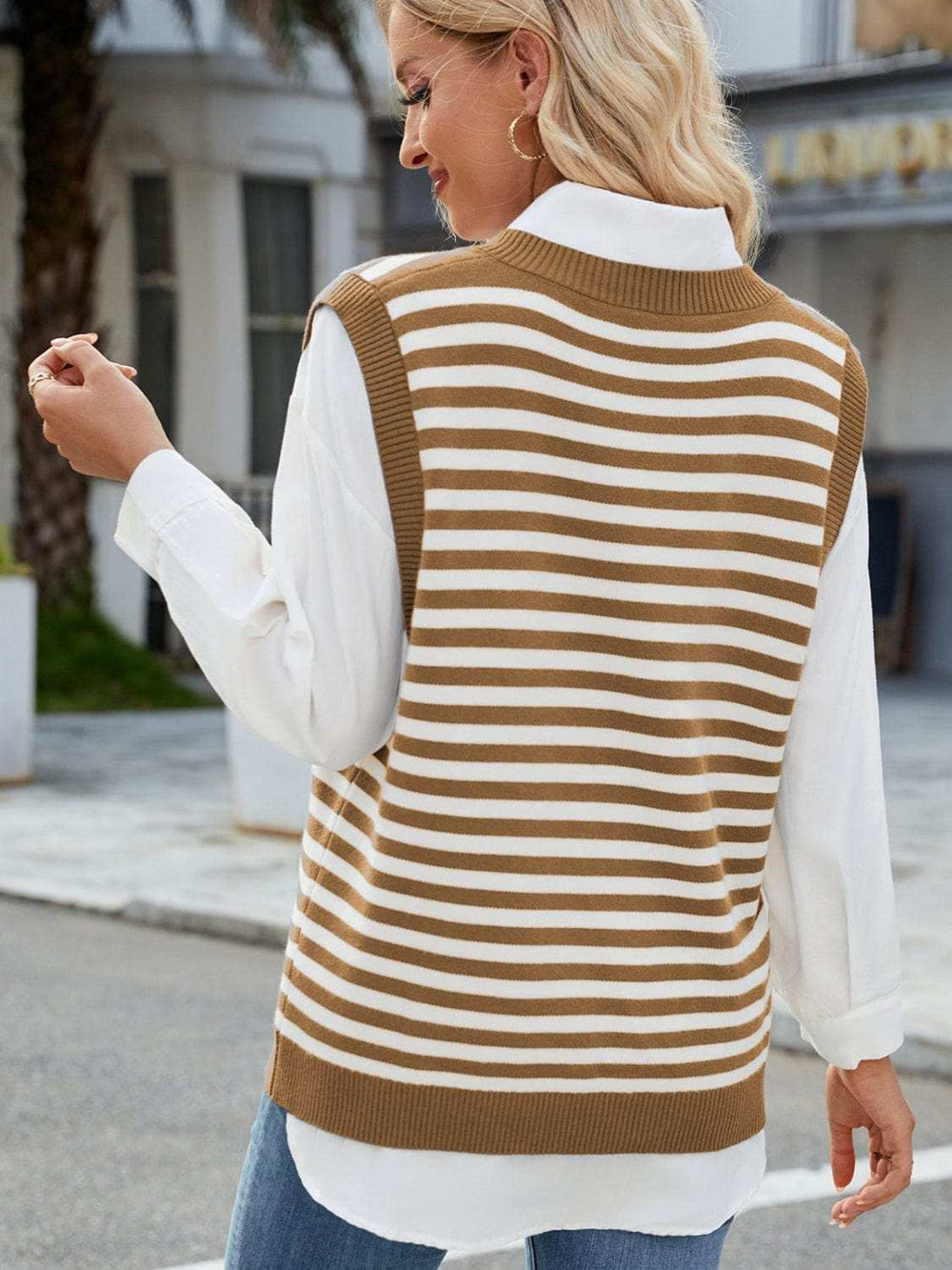 Slit V-Neck Striped Sweater Vest - Trendsi - Flyclothing LLC