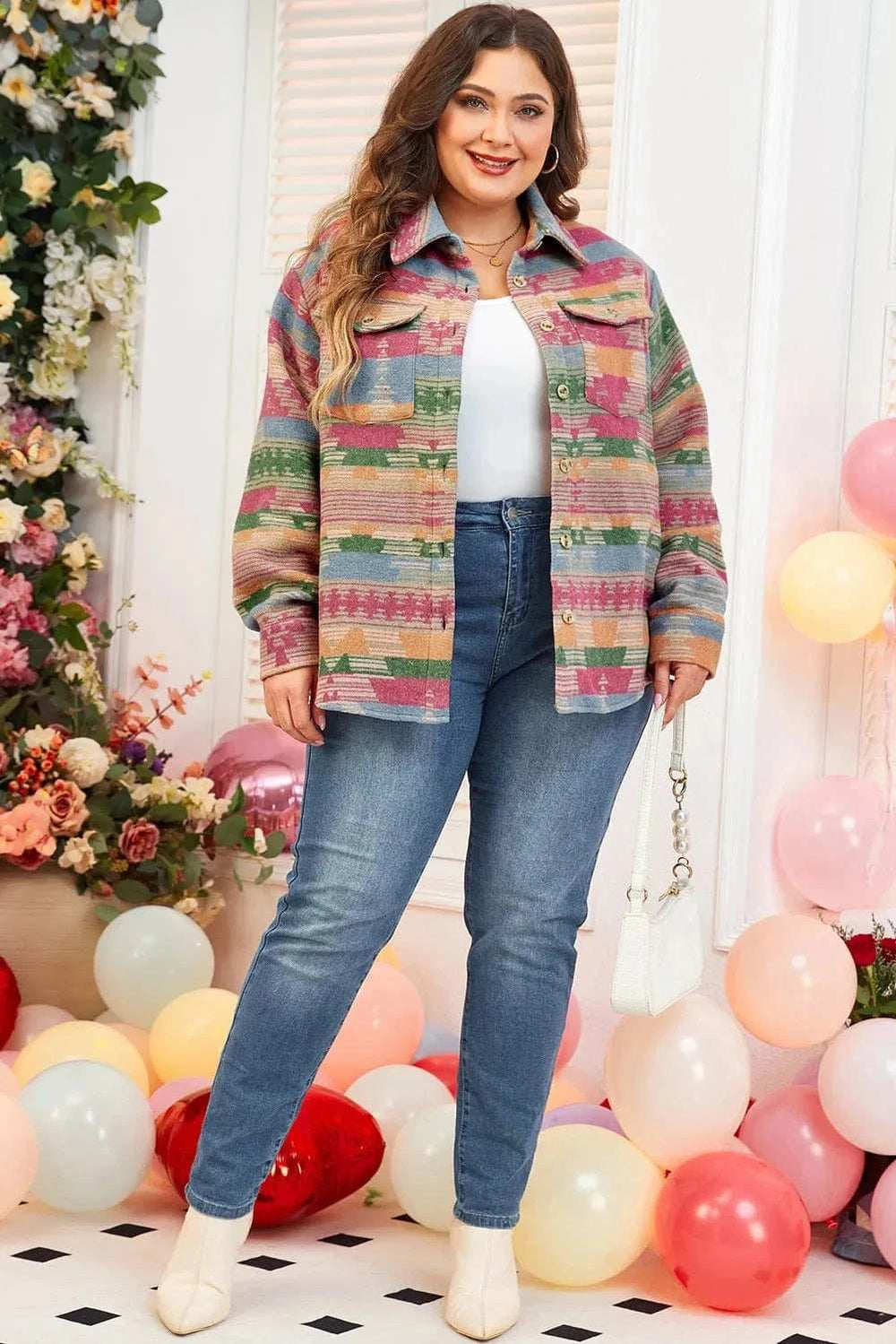 Plus Size Pocketed Printed Collared Neck Jacket - Trendsi - Flyclothing LLC