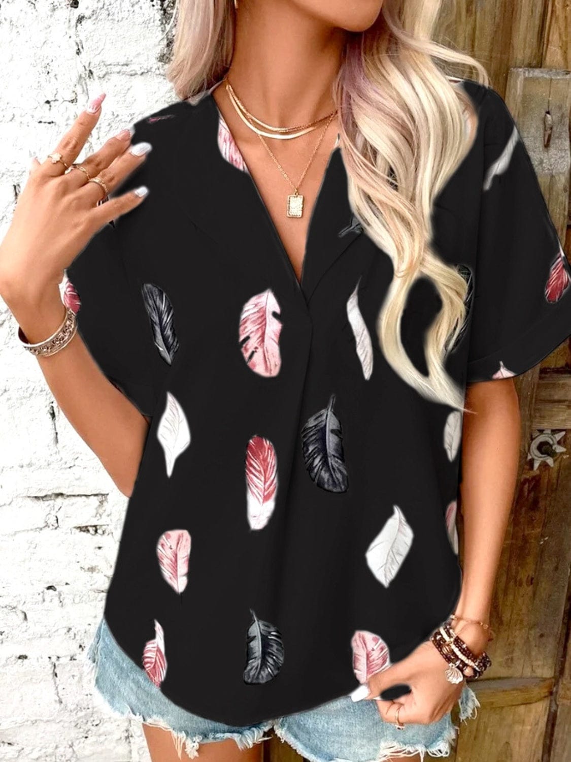 Full Size Printed Collared Neck Short Sleeve Blouse - Trendsi