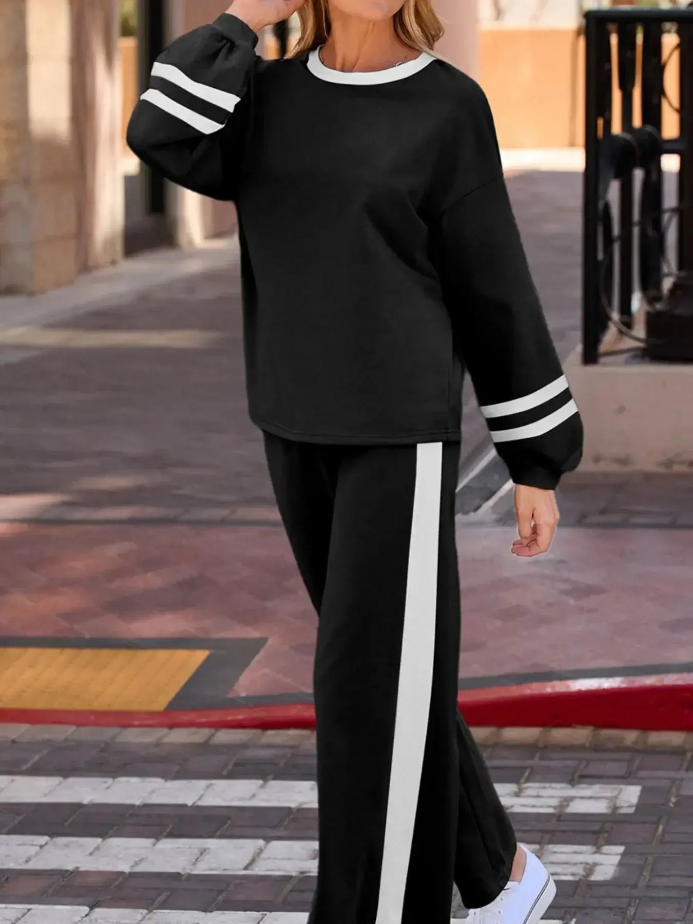 Contrast Trim Round Neck Top and Pants Set - Trendsi - Flyclothing LLC