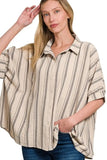 Zenana Woven Yarn-Dye Stripe Oversized Button Down Shirt - Trendsi