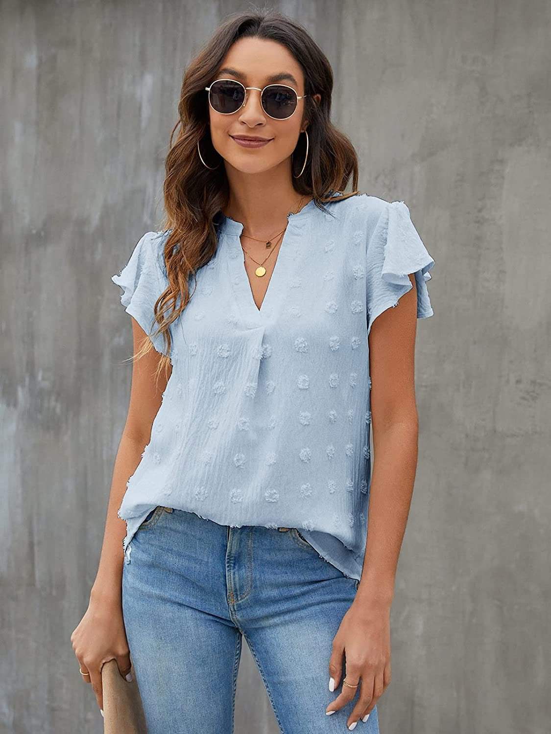 Swiss Dot Notched Flutter Sleeve Blouse - Trendsi - Flyclothing LLC