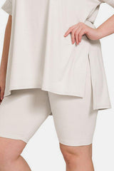 Zenana Full Size V-Neck Short Sleeve Slit T-Shirt and Shorts Set - Trendsi - Flyclothing LLC