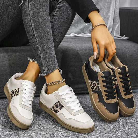 Leopard Lace Up Round Toe Sneakers - Trendsi - Flyclothing LLC