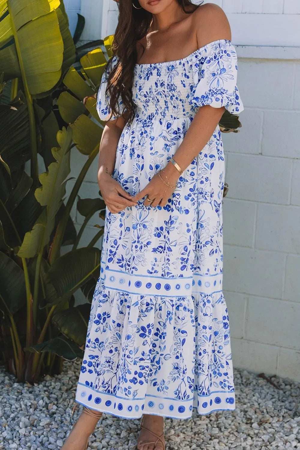 Smocked Printed Square Neck Puff Sleeve Dress - Trendsi - Flyclothing LLC