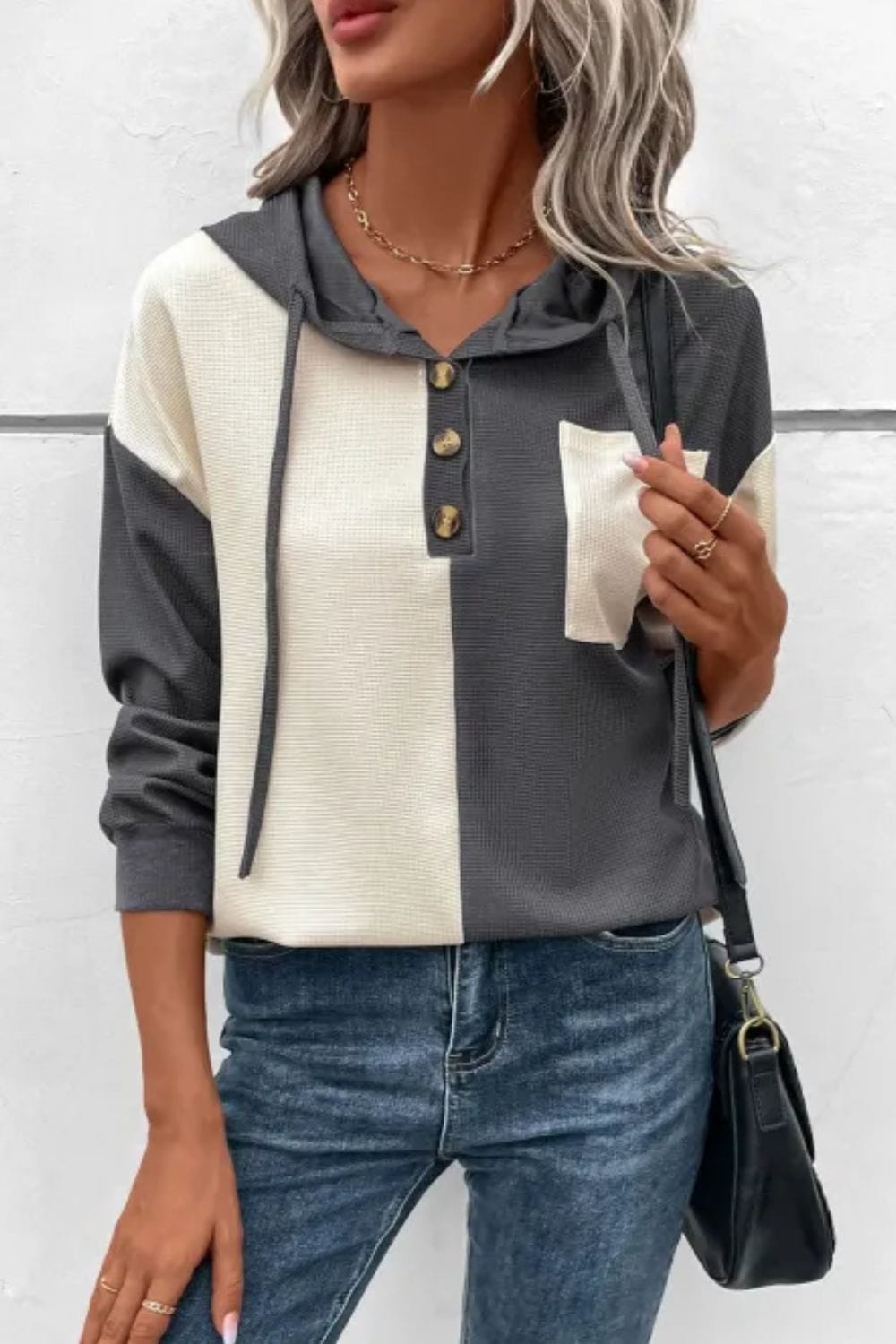 Waffle-Knit Two-Tone Long Sleeve Hoodie - Trendsi