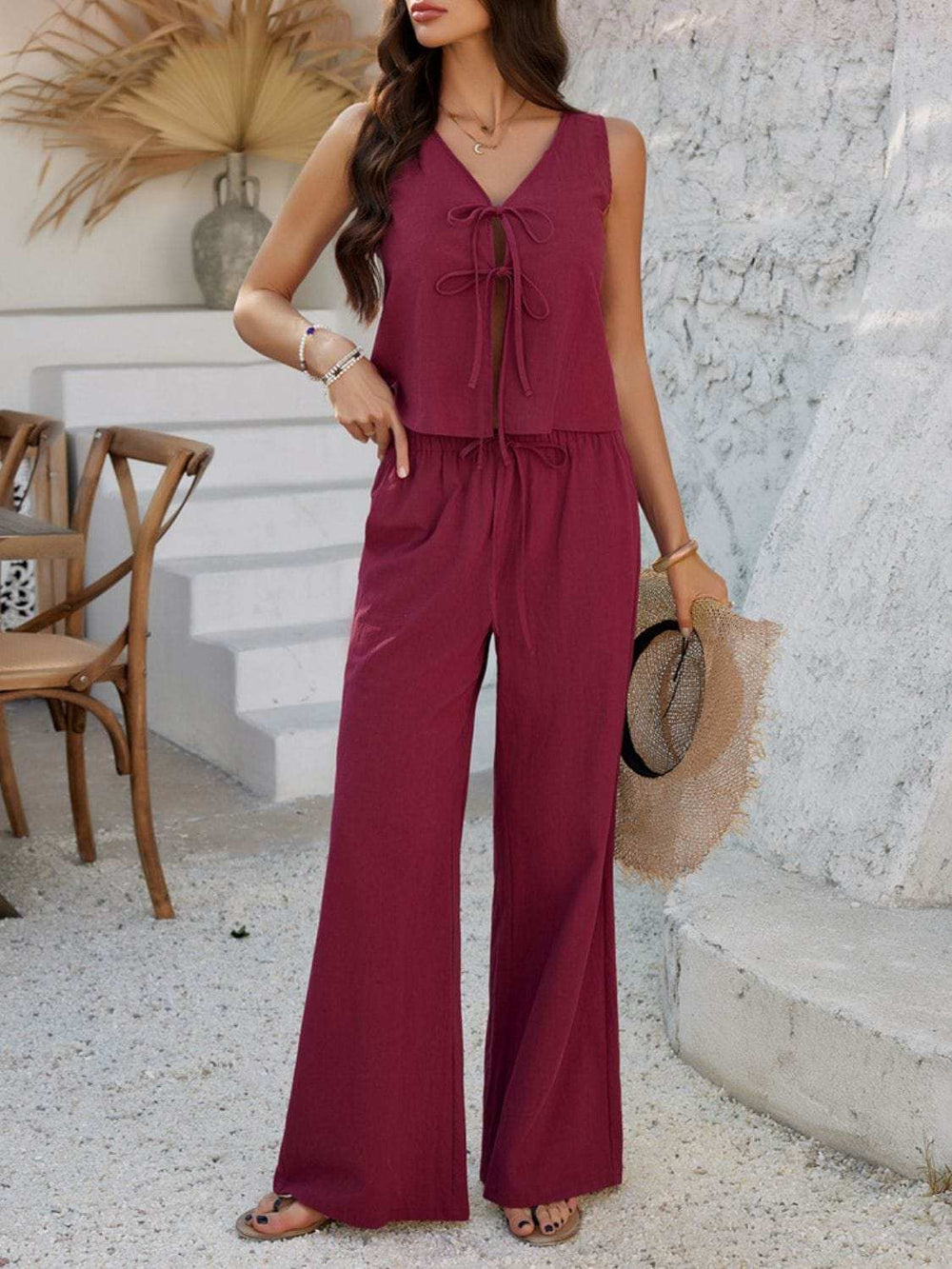 Devine Tied V-Neck Sleeveless Top and Pants Set - Trendsi - Flyclothing LLC