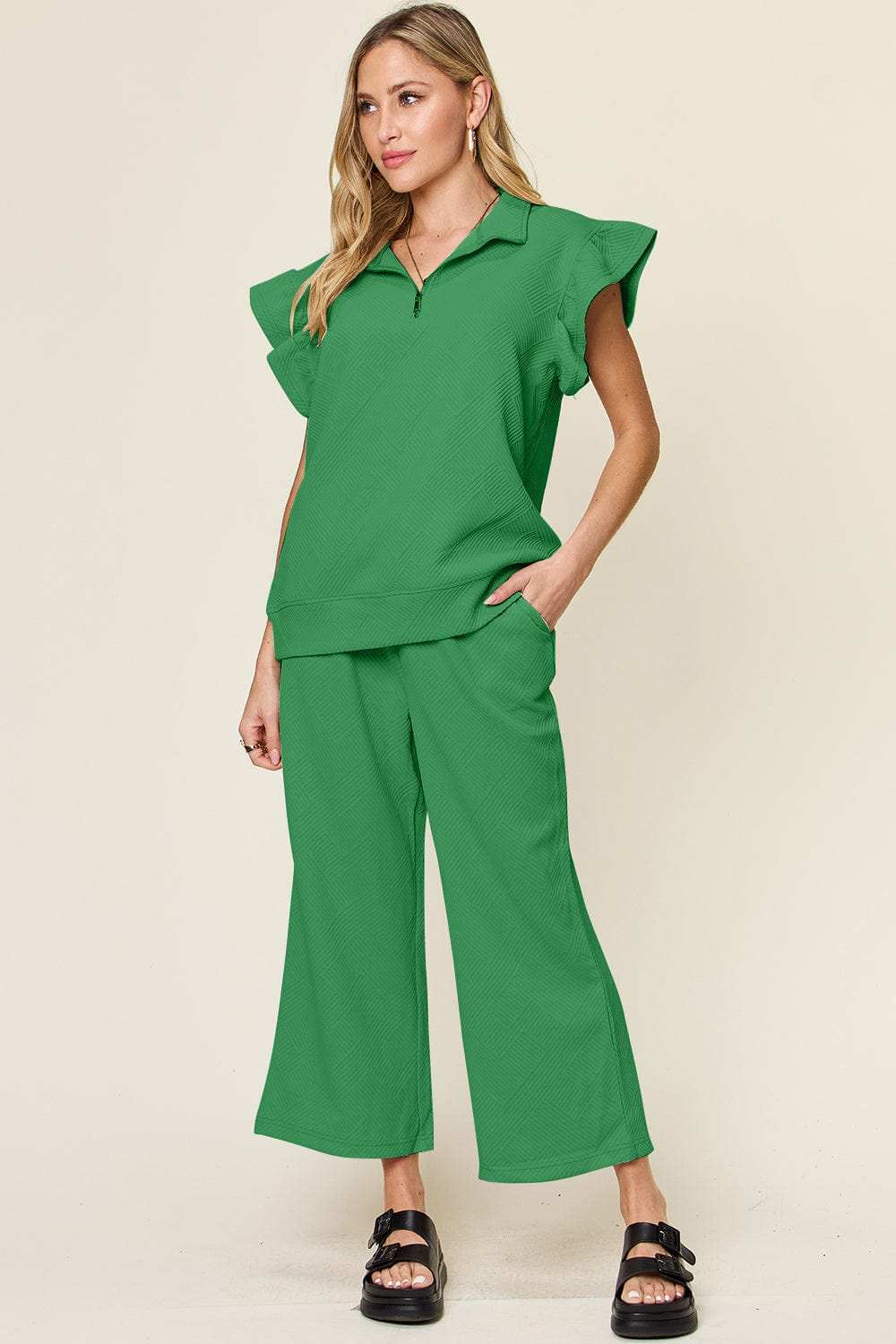 Double Take Texture Ruffle Short Sleeve Top and Drawstring Wide Leg Pants Set - Trendsi - Flyclothing LLC