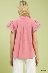 Umgee Embroidered Flutter Sleeve Blouse - Trendsi - Flyclothing LLC