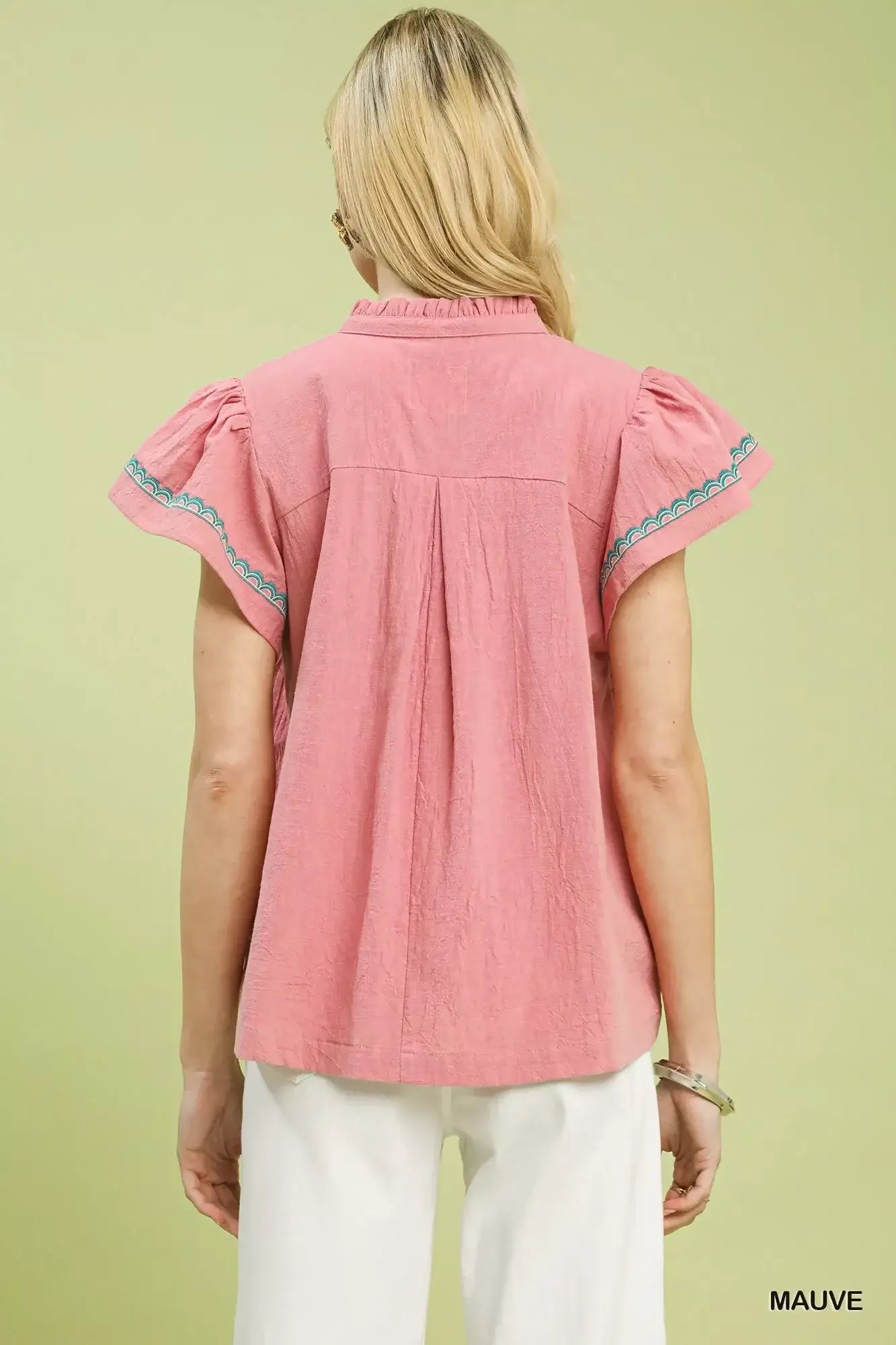 Umgee Embroidered Flutter Sleeve Blouse - Trendsi - Flyclothing LLC