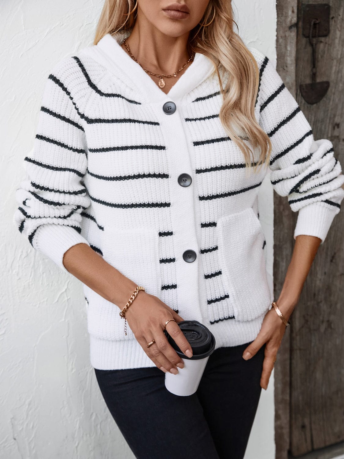 Striped Button Up Long Sleeve Hooded Cardigan - Trendsi