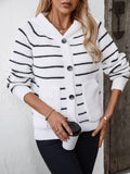 Striped Button Up Long Sleeve Hooded Cardigan - Trendsi