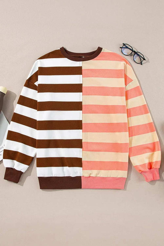 Striped Round Neck Long Sleeve Sweatshirt - Trendsi - Flyclothing LLC
