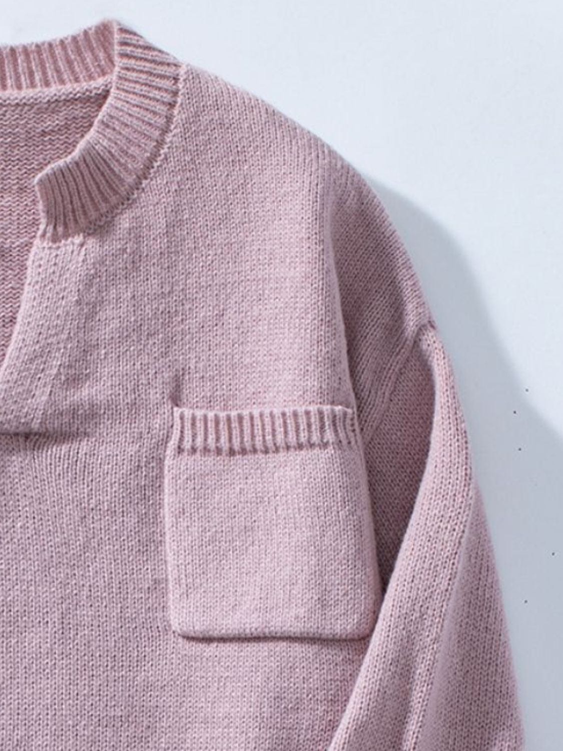 Pocketed Notched Long Sleeve Knit Top - Trendsi