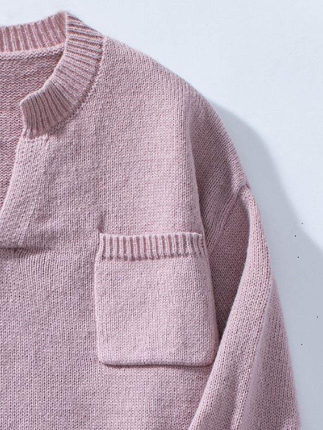 Pocketed Notched Long Sleeve Knit Top - Trendsi - Flyclothing LLC