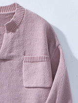 Pocketed Notched Long Sleeve Knit Top - Trendsi - Flyclothing LLC