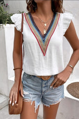 Full Size Ruffled V-Neck Cap Sleeve Blouse - Trendsi