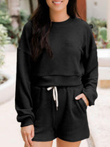 Ribbed Round Neck Long Sleeve Top and Shorts Set - Trendsi - Flyclothing LLC