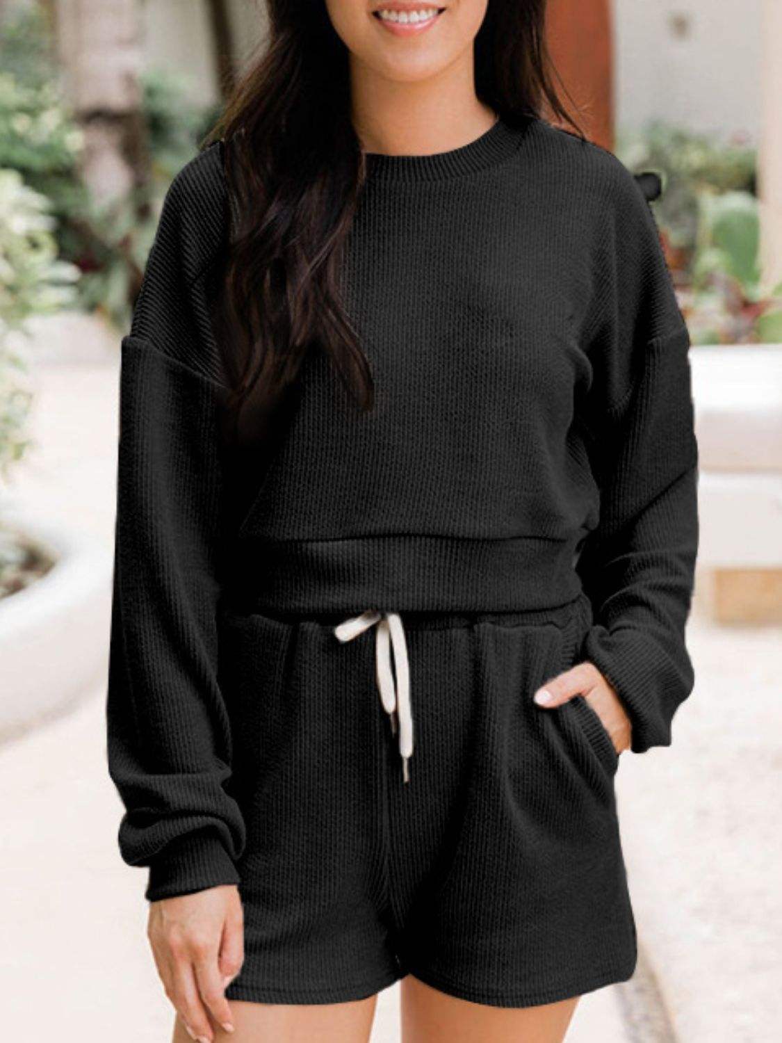 Ribbed Round Neck Long Sleeve Top and Shorts Set - Trendsi - Flyclothing LLC