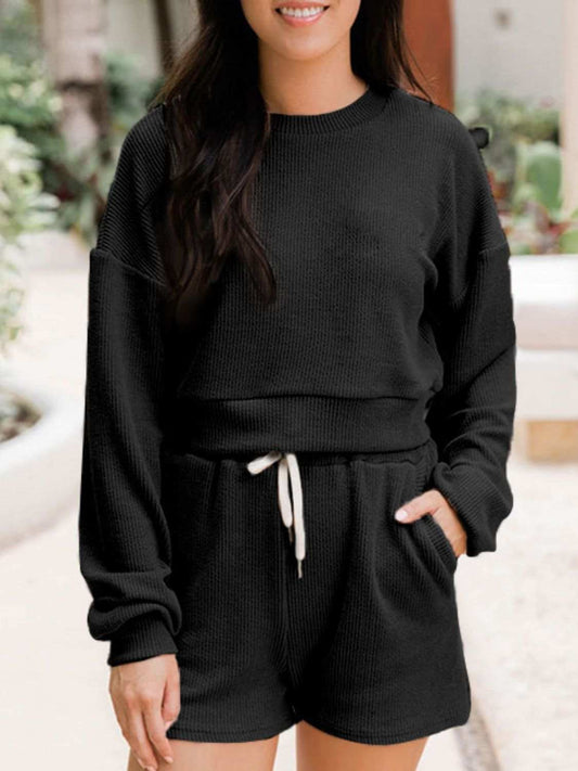 Ribbed Round Neck Long Sleeve Top and Shorts Set - Trendsi - Flyclothing LLC