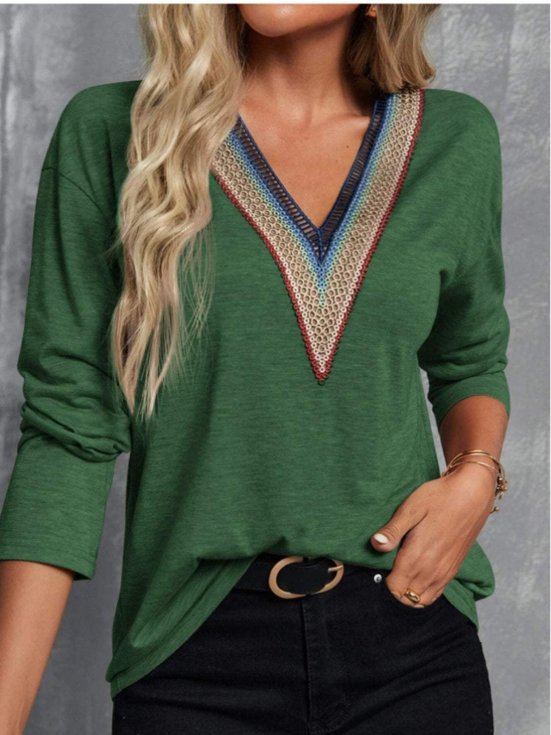 V-Neck Long Sleeve T-Shirt - Trendsi - Flyclothing LLC