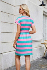 Tied Contrast Striped Short Sleeve Mini Tee Dress - Trendsi - Flyclothing LLC