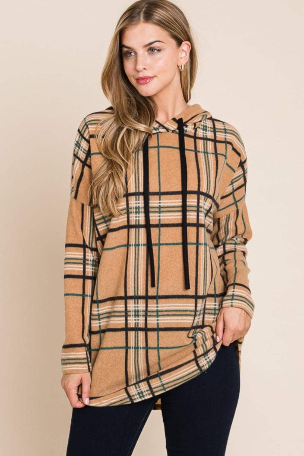 BOMBOM Drawstring Plaid Long Sleeve Hoodie - Trendsi - Flyclothing LLC
