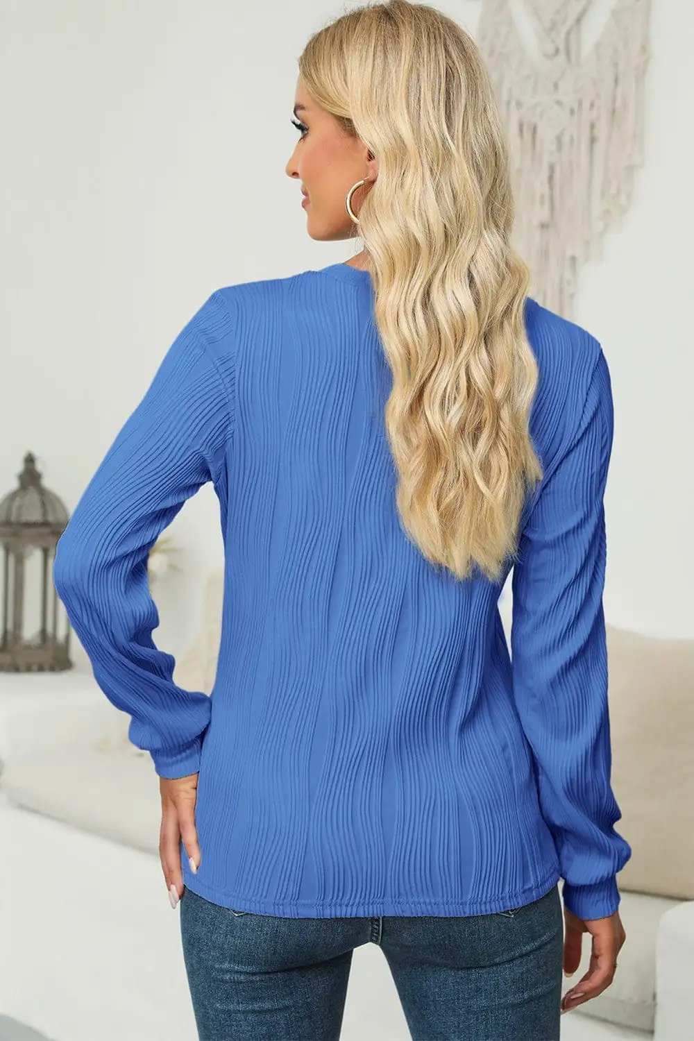 Textured Round Neck Long Sleeve Blouse - Trendsi - Flyclothing LLC