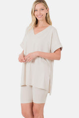 Zenana Full Size V-Neck Short Sleeve Slit T-Shirt and Shorts Set - Trendsi - Flyclothing LLC