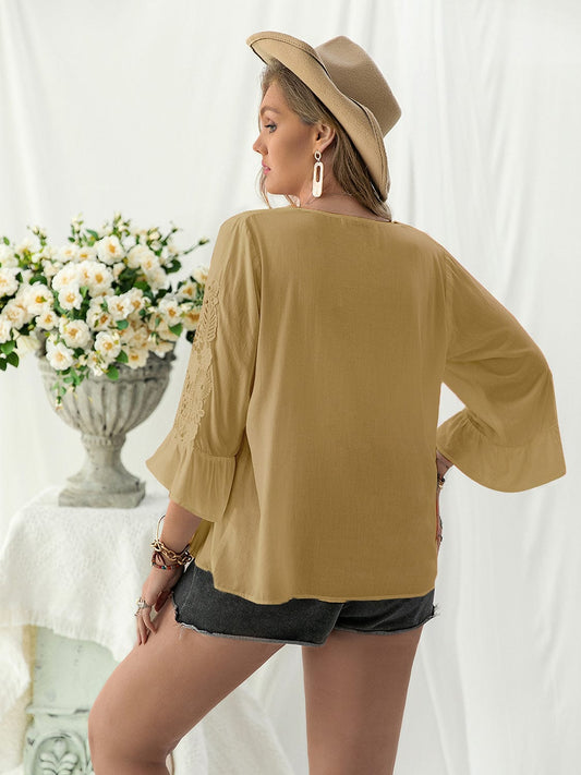 Plus Size Lace Detail V-Neck Flounce Sleeve Blouse - Trendsi