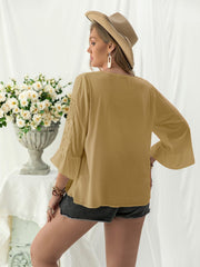 Plus Size Lace Detail V-Neck Flounce Sleeve Blouse - Trendsi