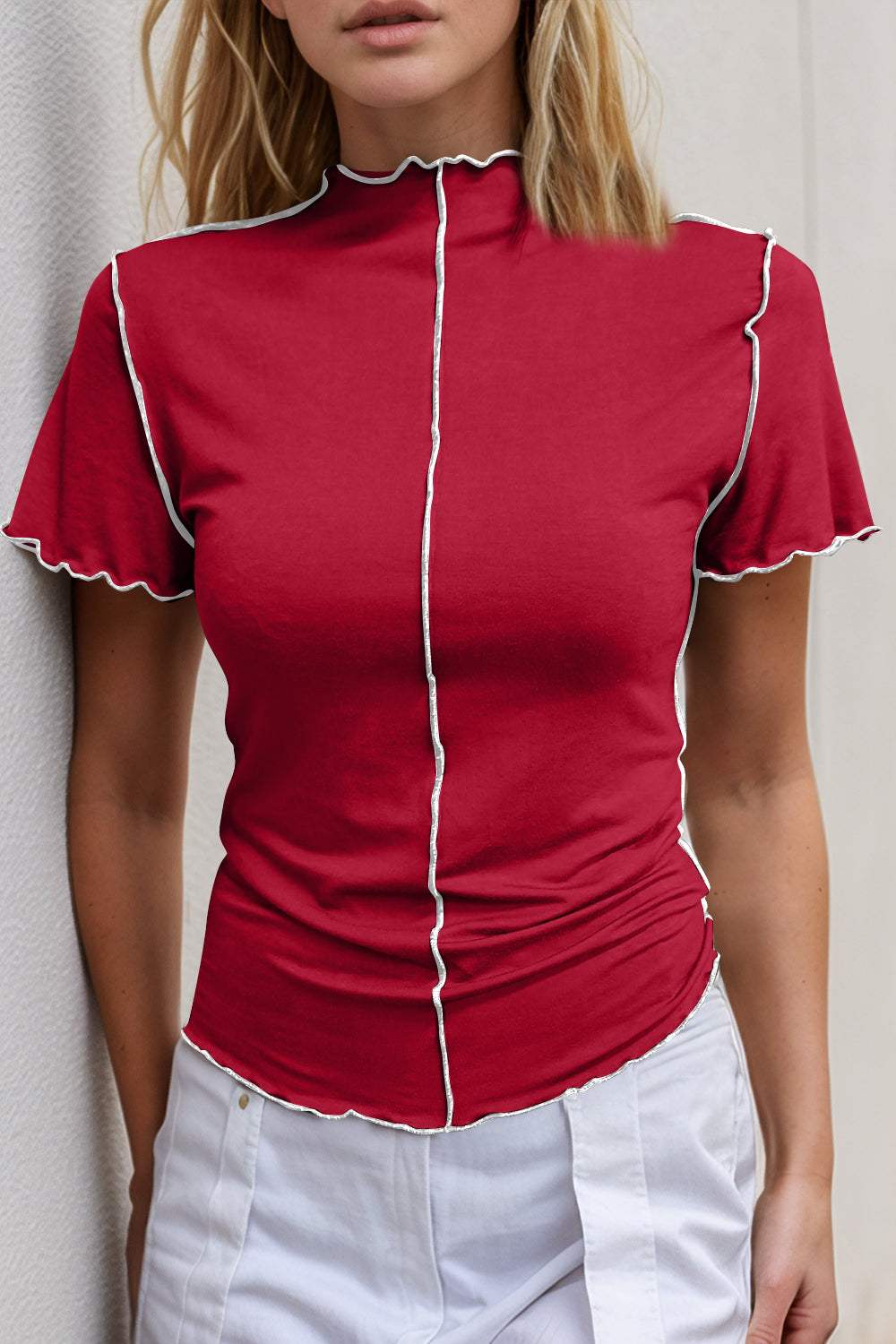 Basic Bae Contrast Trim Mock Neck Short Sleeve T-Shirt - Trendsi - Flyclothing LLC