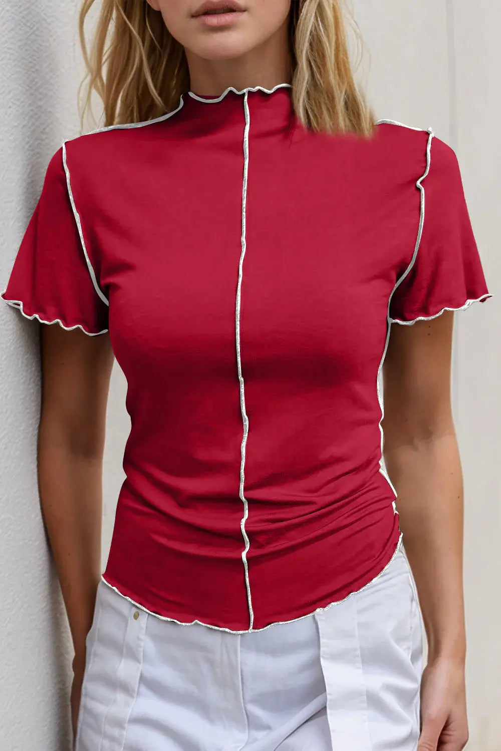 Basic Bae Contrast Trim Mock Neck Short Sleeve T-Shirt - ShopBasicbae - Flyclothing LLC