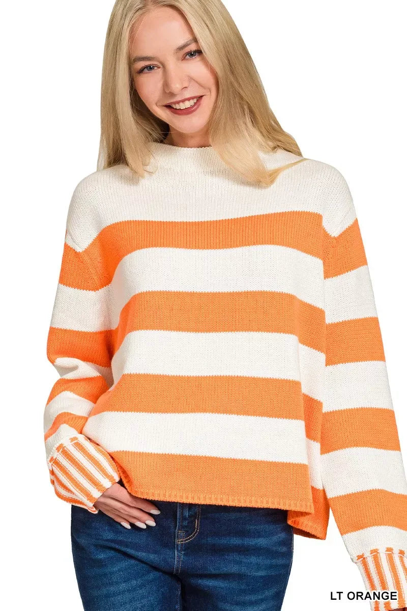 Zenana Ribbed Striped Mock Neck Sweater - Trendsi - Flyclothing LLC