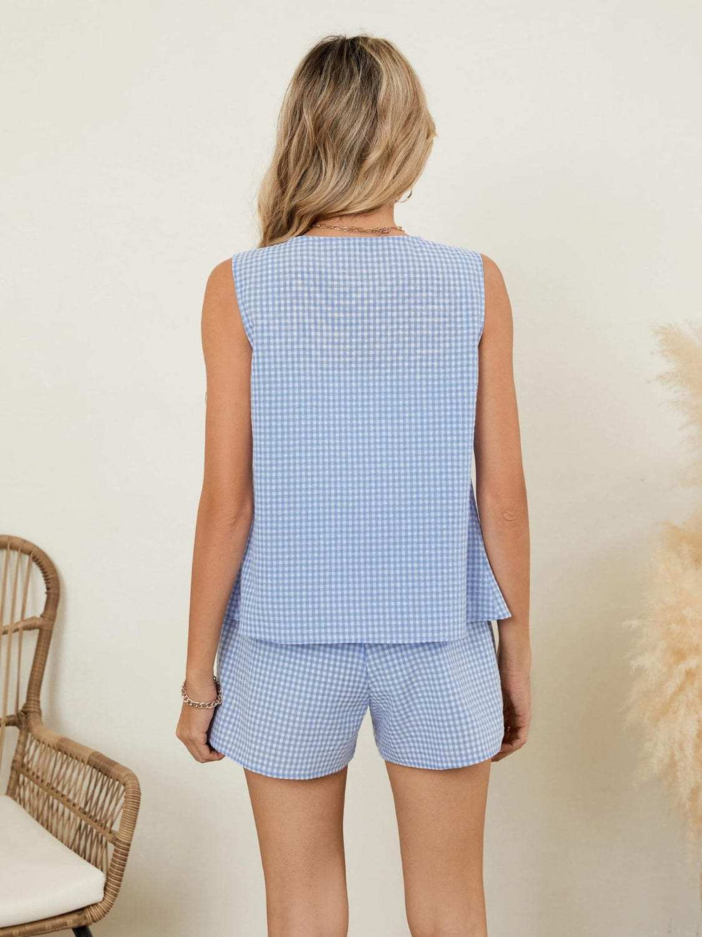 Plaid V-Neck Sleeveless Top and Shorts Set - Trendsi - Flyclothing LLC