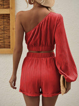 One Shoulder Long Sleeve Top and Shorts Set - Trendsi - Flyclothing LLC