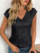 Sequin V-Neck Cap Sleeve Top - Trendsi - Flyclothing LLC
