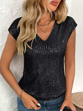 Sequin V-Neck Cap Sleeve Top - Trendsi - Flyclothing LLC