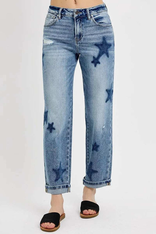 RISEN Full Size Mid Rise Boyfriend Star Shadow Detail Cuffed Jeans Plus Size - Trendsi - Flyclothing LLC