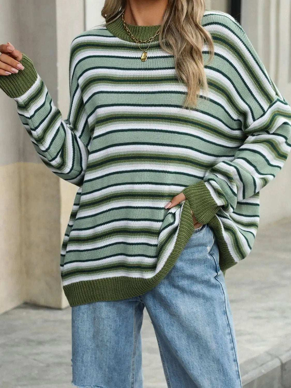Striped Mock Neck Long Sleeve Sweater - Trendsi - Flyclothing LLC