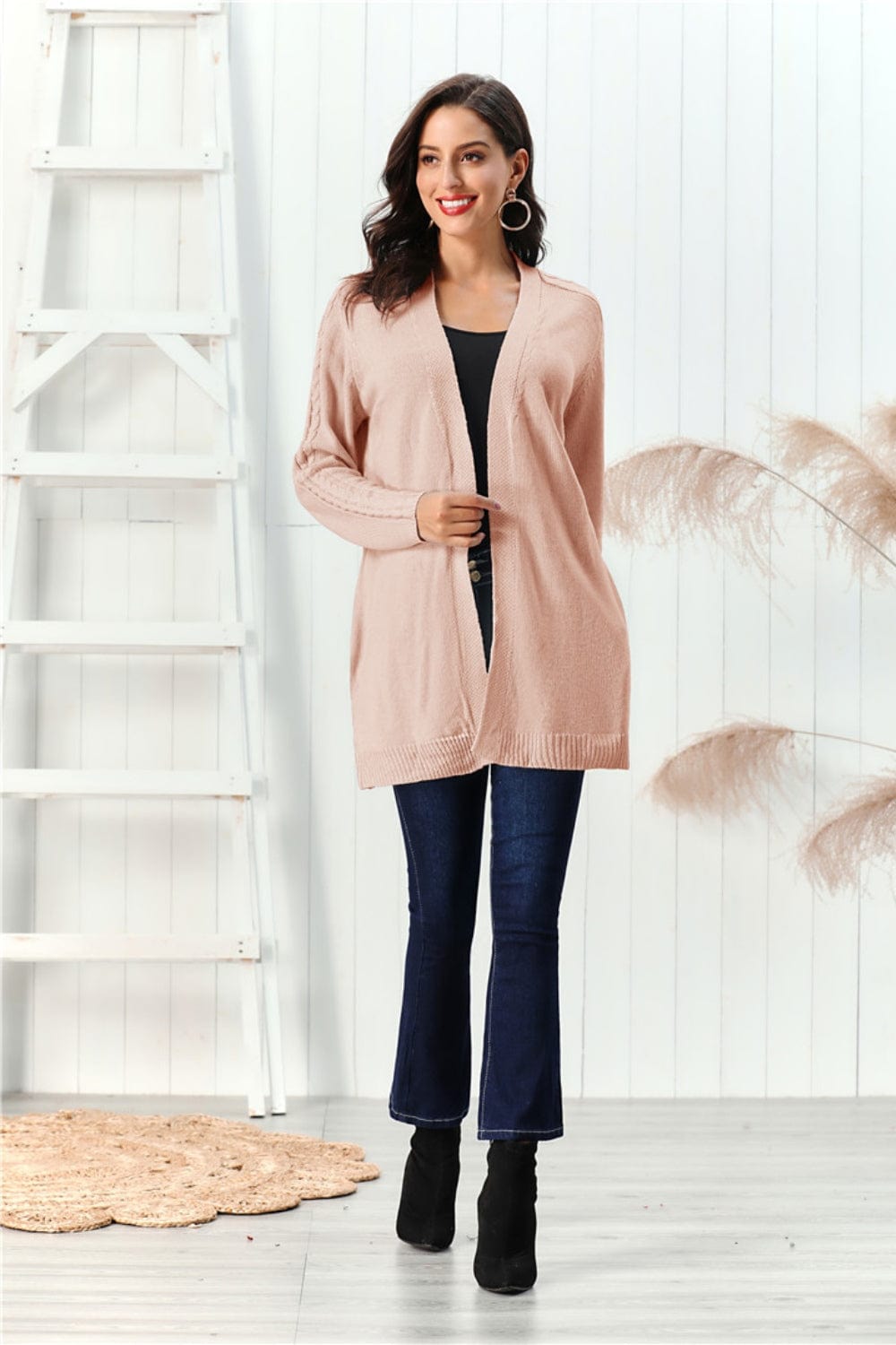 Cable-Knit Open Front Long Sleeve Cardigan - Trendsi