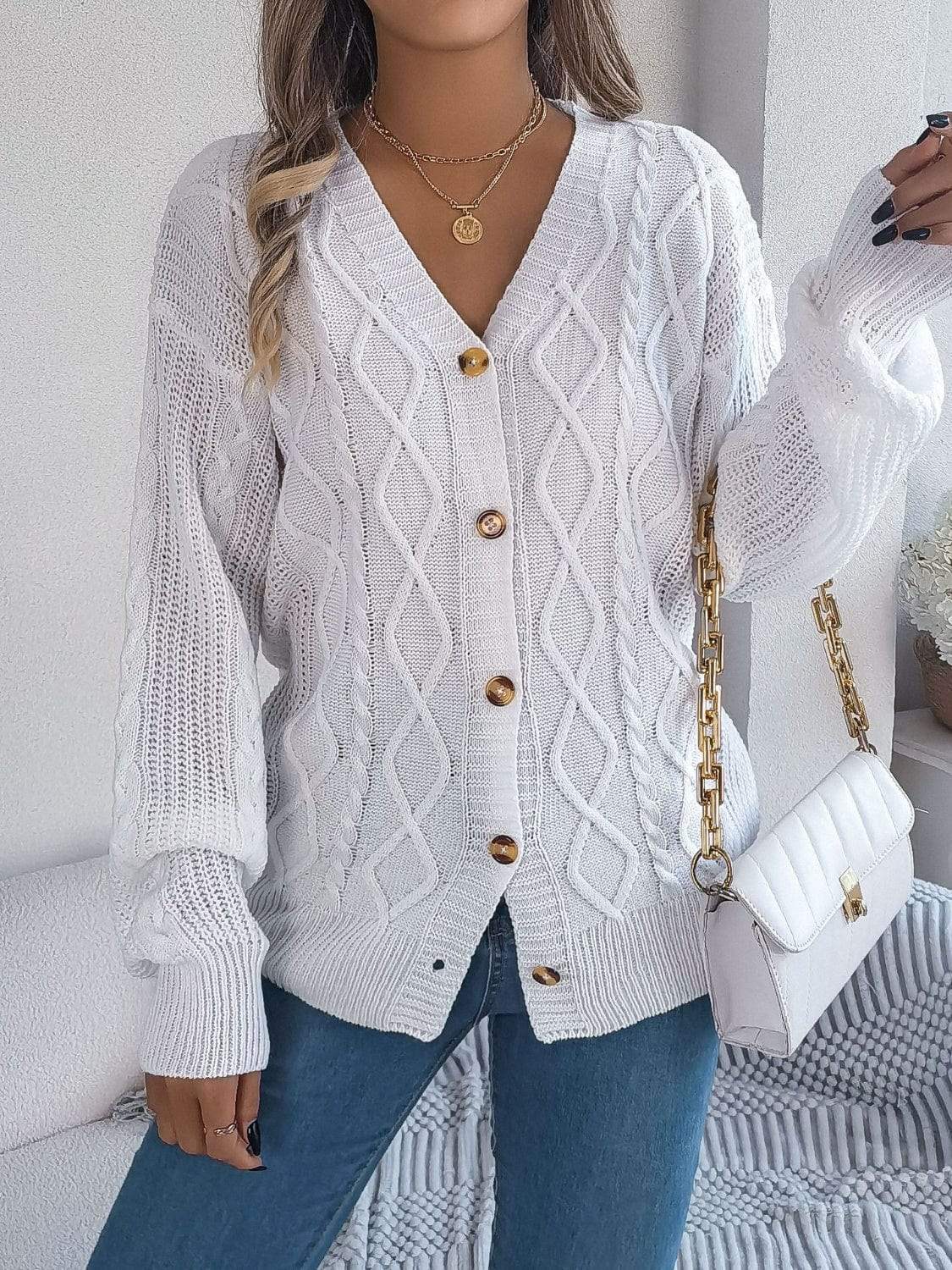 Cable-Knit Long Sleeve Cardigan - Trendsi - Flyclothing LLC