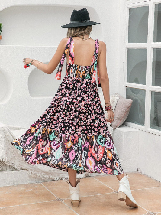 Printed Plunge Sleeveless Midi Dress - Trendsi