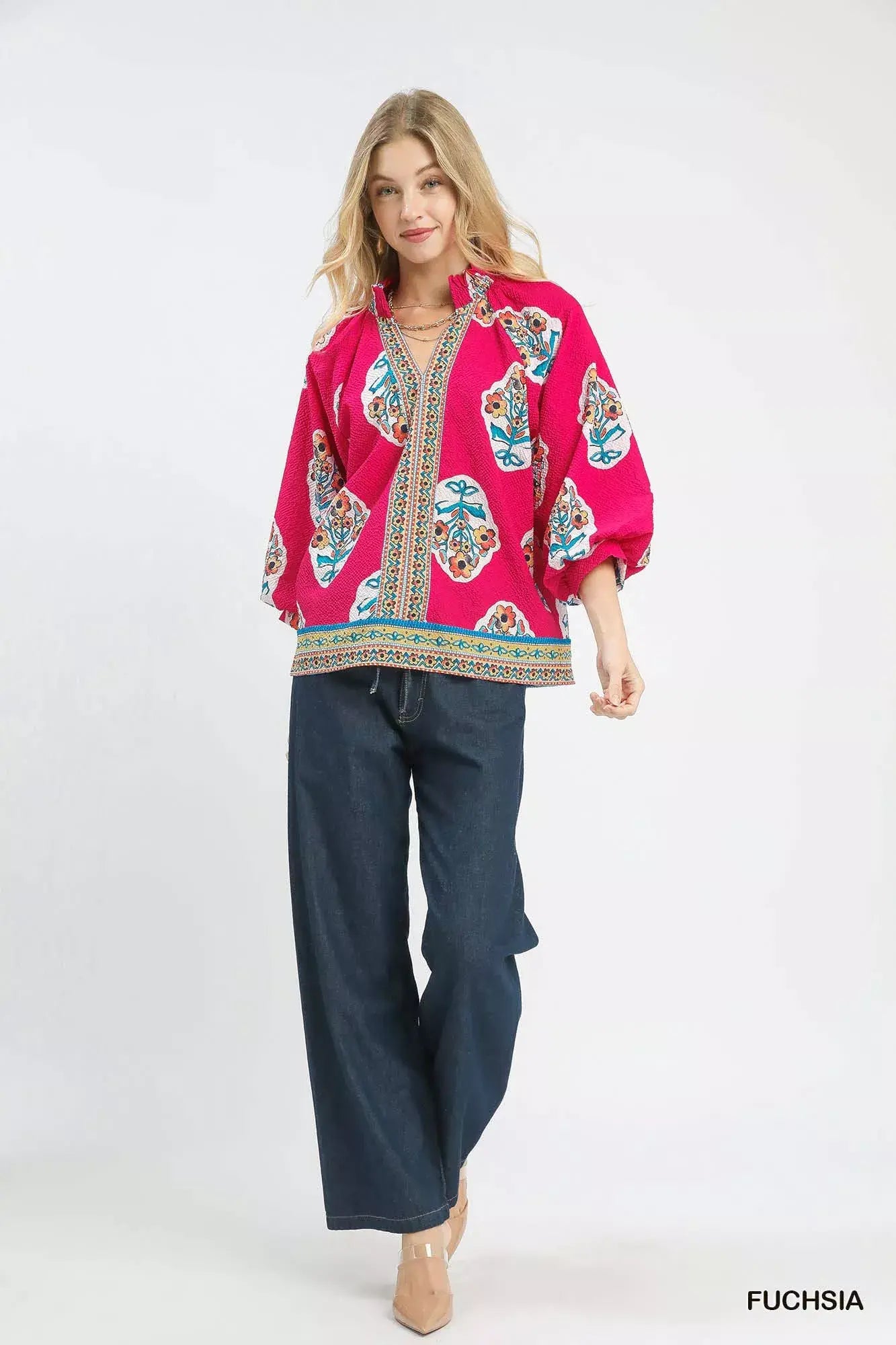 Umgee Boho Floral Print Tunic Blouse - Trendsi - Flyclothing LLC