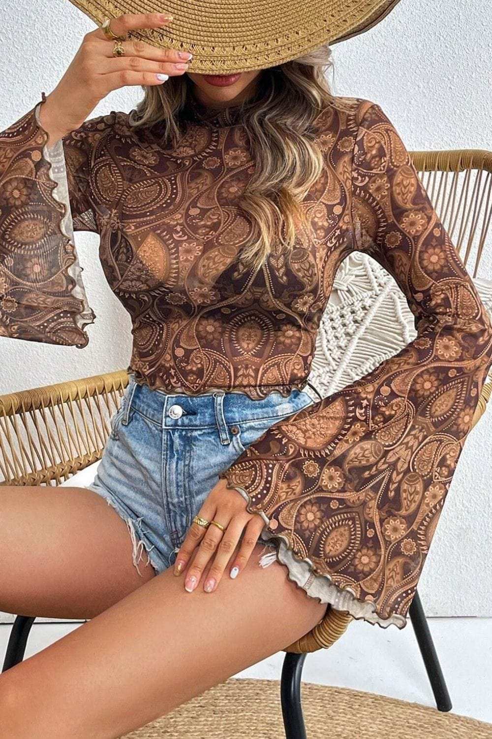 Printed Mock Neck Flare Sleeve Top - Trendsi - Flyclothing LLC