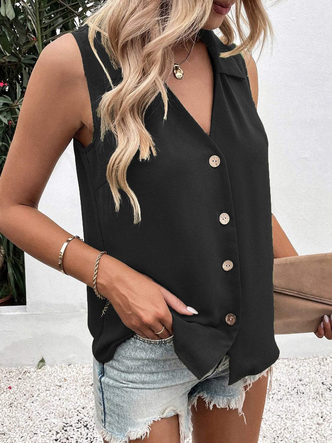 Full Size Johnny Collar Button Up Tank - Trendsi - Flyclothing LLC