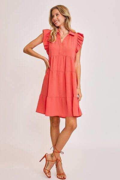 Umgee Full Size Johnny Collar Ruffle Cap Sleeve Tiered Dress Plus Size - Trendsi - Flyclothing LLC
