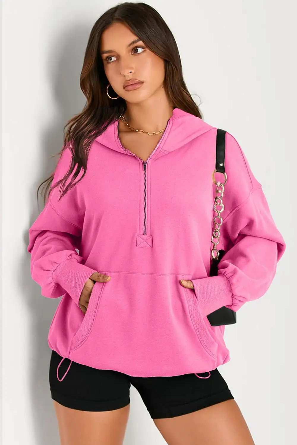 Pocketed Half Zip Long Sleeve Hoodie - Trendsi - Flyclothing LLC